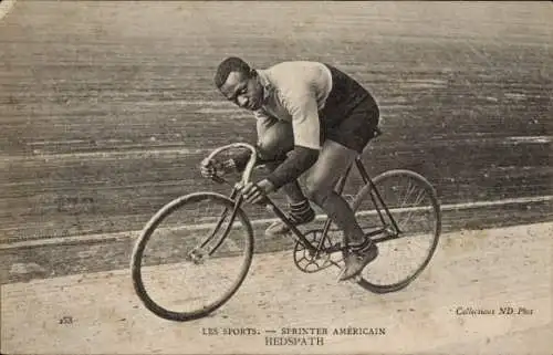 Ak Radrennfahrer Hedspath, amerikanischer Sprinter, auf der Radrennbahn