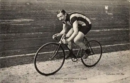 Ak Radrennfahrer Ingold, Schweizer Sprinter, auf der Radrennbahn