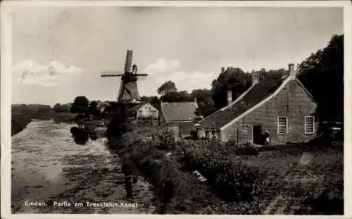 Ak Emden in Ostfriesland, am Treckfahrt-Kanal, Windmühle