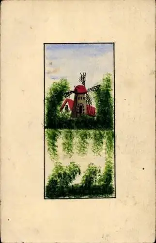 Handgemalt Ak Dorfpartie, Windmühle
