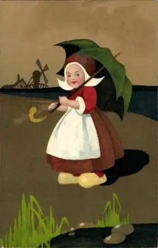 Ak Mädchen in Tracht mit Regenschirm, Windmühle