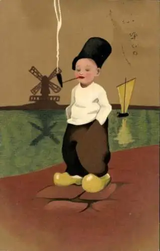 Ak Junge in Tracht mit Pfeife, Windmühle