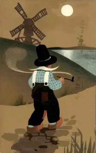 Ak Junge in Tracht mit Pfeife, Windmühle