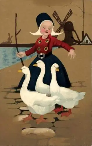 Ak Mädchen in Tracht, Gänse, Windmühle