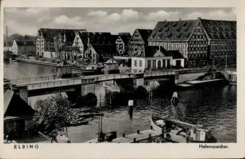 Ak Elbląg Elbing Ostpreußen, Hafenspeicher, Brücke