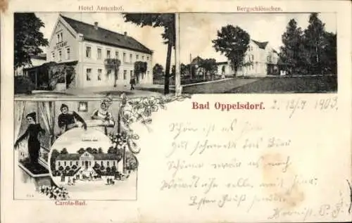 Ak Opolno Zdrój Bad Oppelsdorf Bogatynia Reichenau Schlesien, Annenhof, Bergschlösschen, Carola Bad