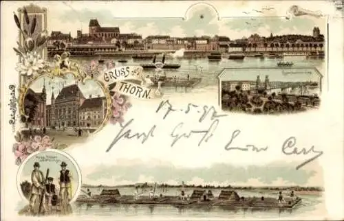 Litho Toruń Thorn Westpreußen, Russische Flößer, Eisenbahnbrücke, Artushof