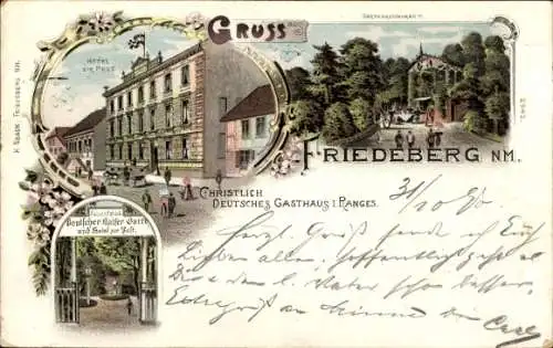 Litho Strzelce Krajenskie Friedeberg in der Neumark Ostbrandenburg, Hotel z. Post, Dt. Kaiser Garten