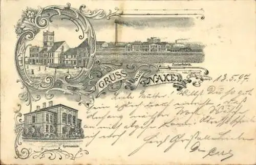 Litho Nakło nad Notecią Nakel Netze Westpreußen, Marktplatz, Zuckerfabrik, Gymnasium