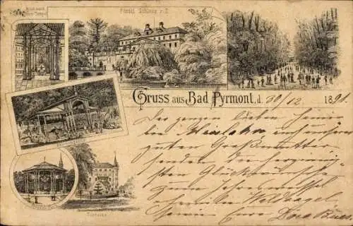 Vorläufer Litho Bad Pyrmont in Niedersachsen, Fürstl. Schloss, Helenequelle, Brunnentempel, Fontaine