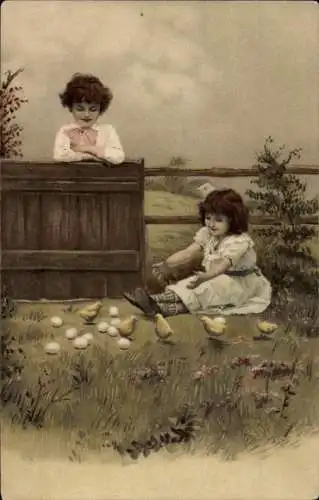 Künstler Ak Kinder beim Spielen, Küken