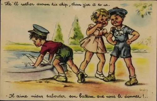 Künstler Ak Kinder beim Plaudern, Junge mit Segelboot, Miniatur