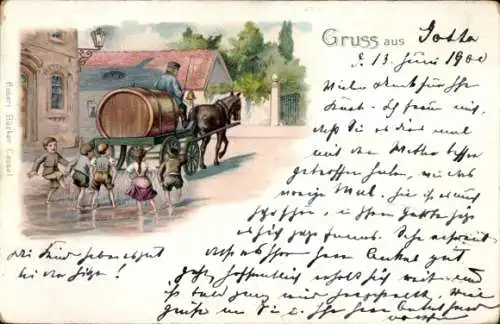 Litho Fuhrwerk, Pferd, Großes Fass, Kinder in Pfütze