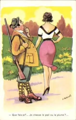 Künstler Ak Balance, Que fais-je? Je chasse le poil ou la plume? Humor