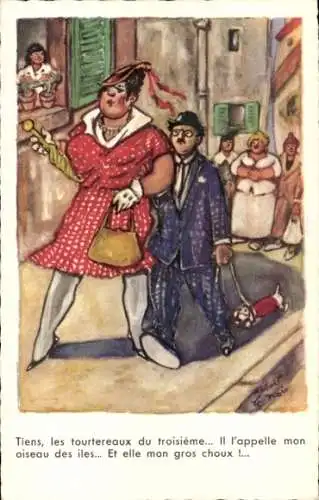 Künstler Ak Tiens, les tourtereaux du troisième... Il l'appelle mon oiseau des iles, Humor