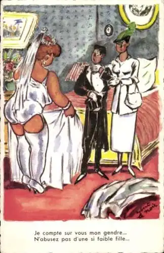 Künstler Ak Hochzeitsnacht, Braut zieht sich aus, Schlafzimmer, Humor