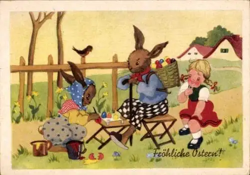 Ak Herzliche Ostergrüße, Osterhasen mit Eiern und Mädchen