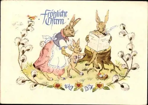 Ak Frohe Ostern, Osterhasen, Hasenfamilie, Weidenkätzchen