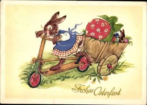 Ak Frohe Ostern, Osterhäsin auf einem Roller, Anhänger mit Osterei