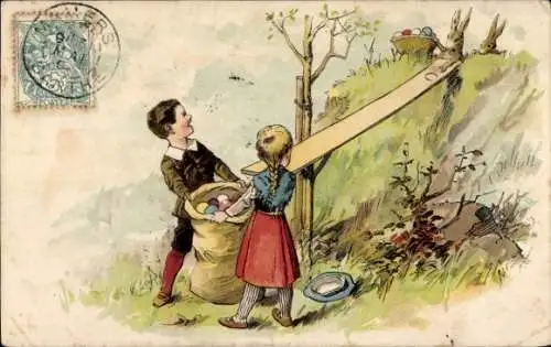 Ak Kinder mit Eiern und Osterhasen