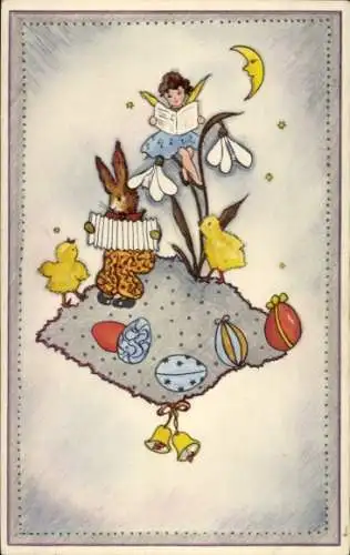 Künstler Ak Frohe Ostern, Küken, Fee, Osterhase, Ostereier