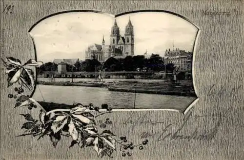 Ak Magdeburg an der Elbe, Magdeburger Dom, Elbe, Dampfschiff, Uferpromenade mit Bäumen
