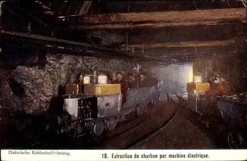 Ak Elektrische Kohlenbeförderung, Bergleute, Kumpel in der Grubenbahn