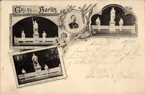 Ak Berlin Mitte, Alexanderplatz, Postkarte mit Statuen, Porträt, Gruss aus  historischer Kontext