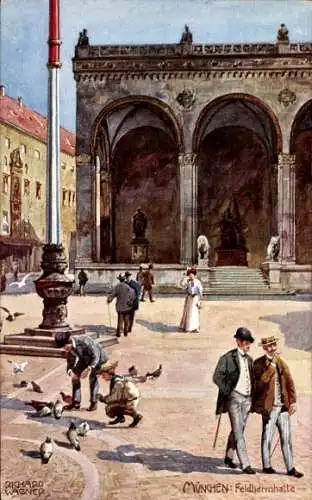 Künstler Ak Richard Wagner, München, Feldherrnhalle, Taubenfütterung