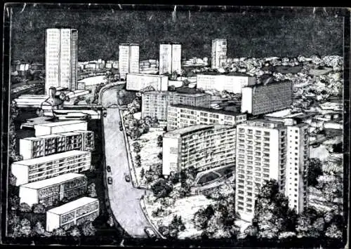 Ak Berlin Tiergarten, Grafik des Hansaviertels, Hochhäuser, Straßenansicht