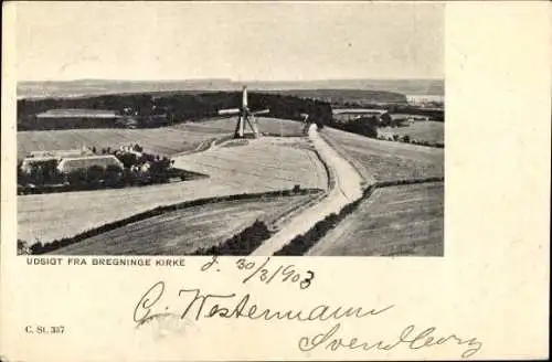 Ak Svendborg Dänemark, Blick auf Bregninge Kirche, Windmühle, Felder, Straße