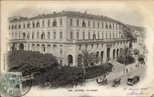 Ak Algier Alger Algerien, Historisches Gebäude, Lynxi, Palmen, Straßenansicht.