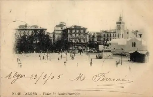 Ak Algier Alger Algerien, Hotel de la Régence, Place du Gouvernement, Statue, Palmen