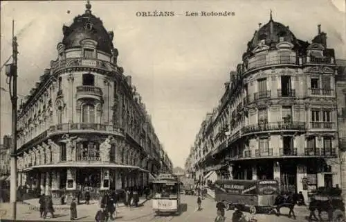 Ak Orléans Loiret, Zwei prunkvolle Gebäude, Straßenbahn, Straßenszene,  Architektur, Les Rotondes