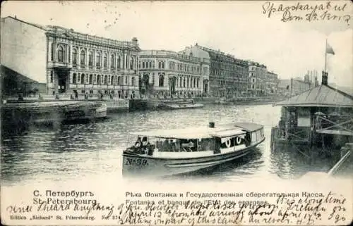 Ak Sankt Petersburg Russland, Fluss Fontanka, Staatliche Sparkasse, Boot auf dem Wasser