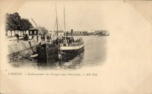Ak Lorient Morbihan, Landschaft mit Booten, Hafen, Passagiere, Gebäude, Wasser