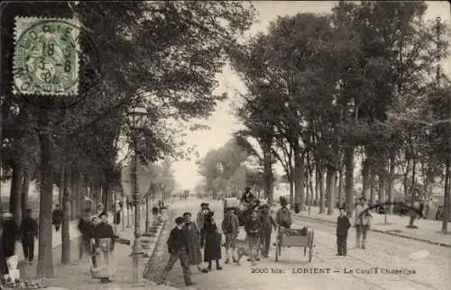 Ak Lorient Morbihan, Straße mit Bäumen, Menschen, Pferd und Wagen, n nstil