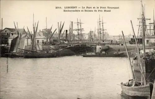 Ak Lorient Morbihan, Hafenansicht, Segelschiffe, Pont Tournant, Embarcadère