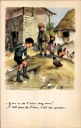 Künstler Ak Poulbot, Francisque, Ligue Nationale contre le Taudis, Kinder, Bauernhof, Hühner