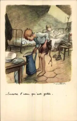 Künstler Ak Poulbot, Francisque, Jungen, gefrorenes Wasser im Krug, Ligue Nationale contre le Taudis