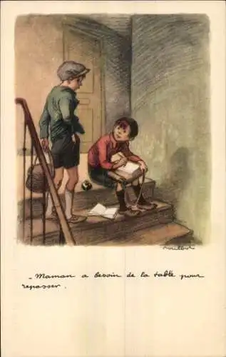 Künstler Ak Poulbot, Francisque, Zwei Jungen, Schulranzen, Treppen