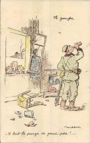 Künstler Ak Poulbot, Francisque, Kinder am Fenster beobachten Soldaten beim Trinken