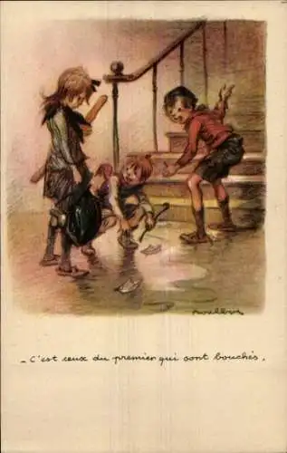 Künstler Ak Poulbot, Francisque, Kinder mit Papierbooten, Ligue nationale contre taudis