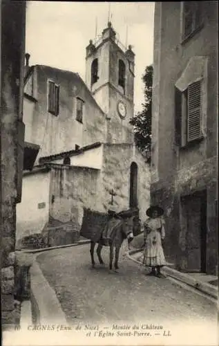 Ak Cagnes sur Mer Alpes Maritimes, Montee du Chateau, Kirche Saint-Pierre