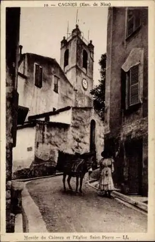 Ak Cagnes sur Mer Alpes Maritimes, Montée du Chateau, Kirche St. Pierre, Frau mit Esel