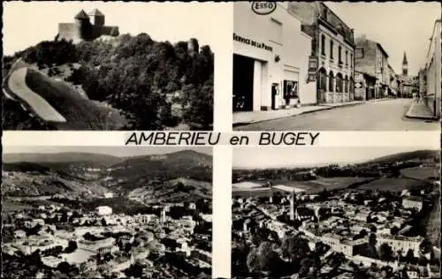 Ak Amberieu en Bugey Ain, Burg oben links, Stadtansicht, Esso Tankstelle, Landschaft
