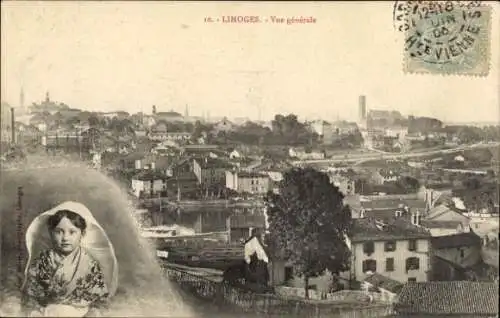 Ak Limoges Haute Vienne, Allgemeine Ansicht von  Mädchenporträt links