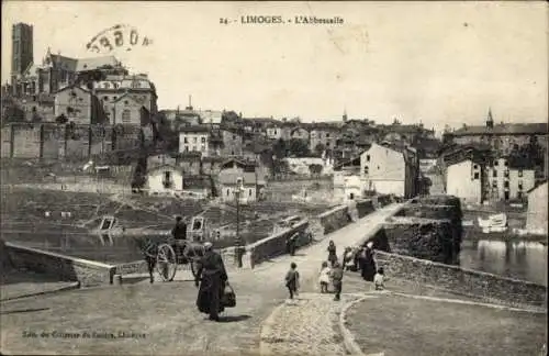 Ak Limoges Haute Vienne, L'Abbessaile, Stadtansicht, Brücke, Gebäude, Pferd und Wagen, Fußgänger