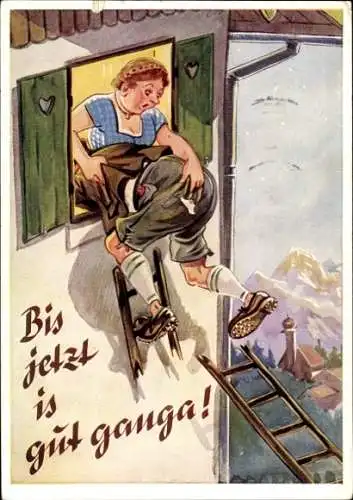 Künstler Ak Bis jetzt is gut ganga, Mann fensterlt, Liebhaber