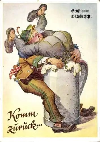 Künstler Ak Oktoberfest, Komm zurück, Mann taucht in Bierkrug ein